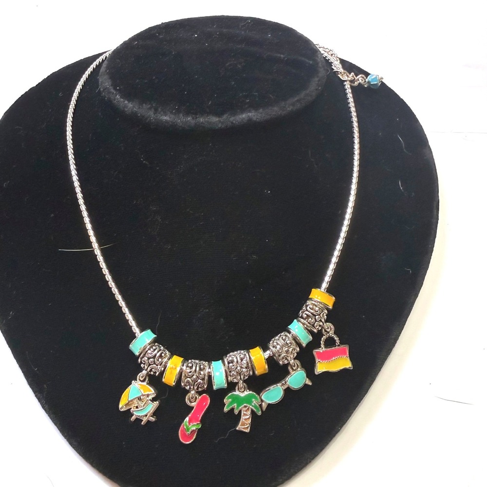 Cookie Lee Tropical Beach Enamel Charm Necklace Silver Tone Summer Vacation 18in